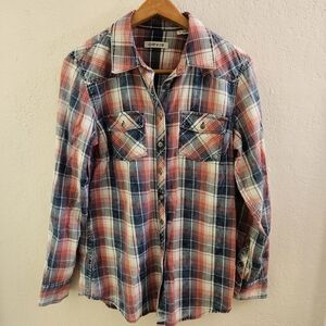 Orvis Women's Blue Pink Plaid Button Down Shirt Western Style Size S